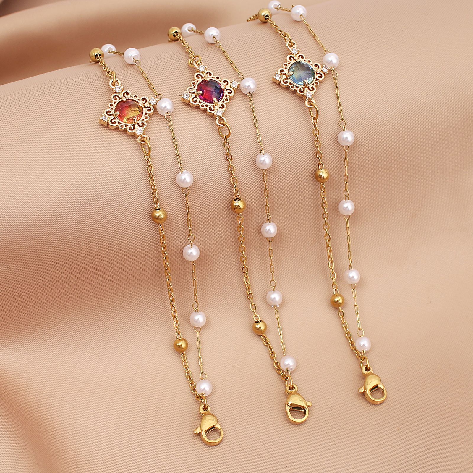 Wholesale Simple Style Round Stainless Steel Imitation Pearl Handmade Inlay Zircon Bracelets