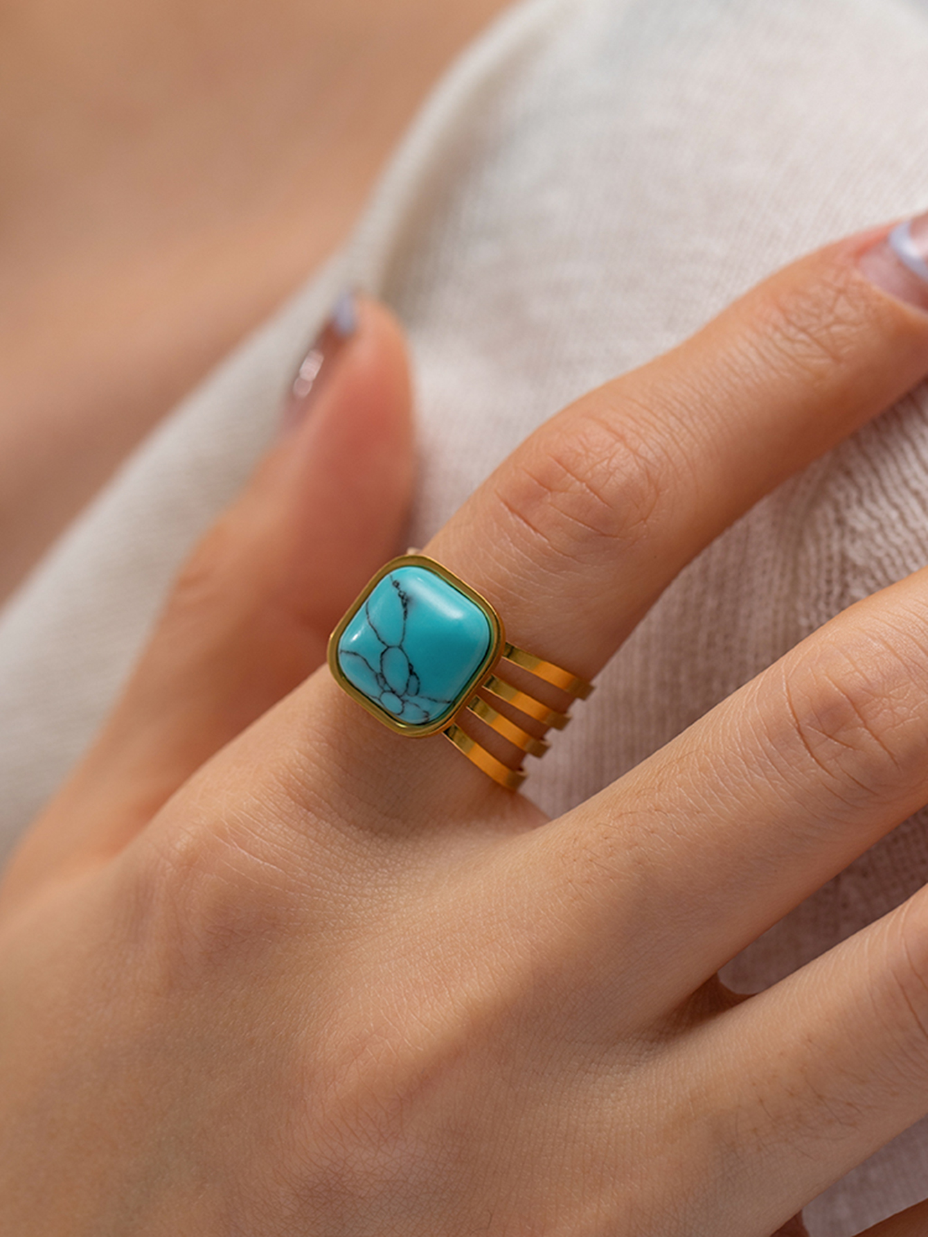 Simple Style Gem Stainless Steel Plating Turquoise Open Ring 1 Piece